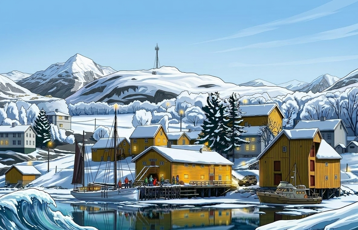 Illustrasjon av Hamnvik Handelssted med gule sjøhus, seilbåt og fjell i vinterlandskap