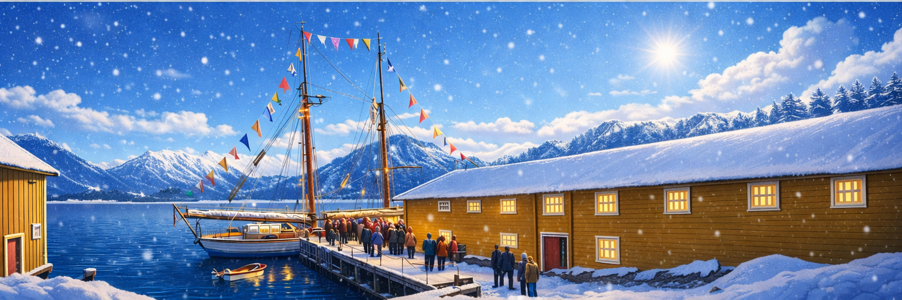 Hamnvik handelssted i vinterlandskap med dagslys