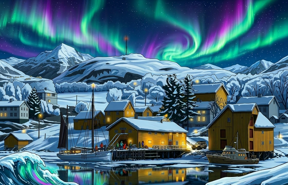 Hamnvik Handelssted under nordlyset, gule sjøhus speiler seg i fjorden